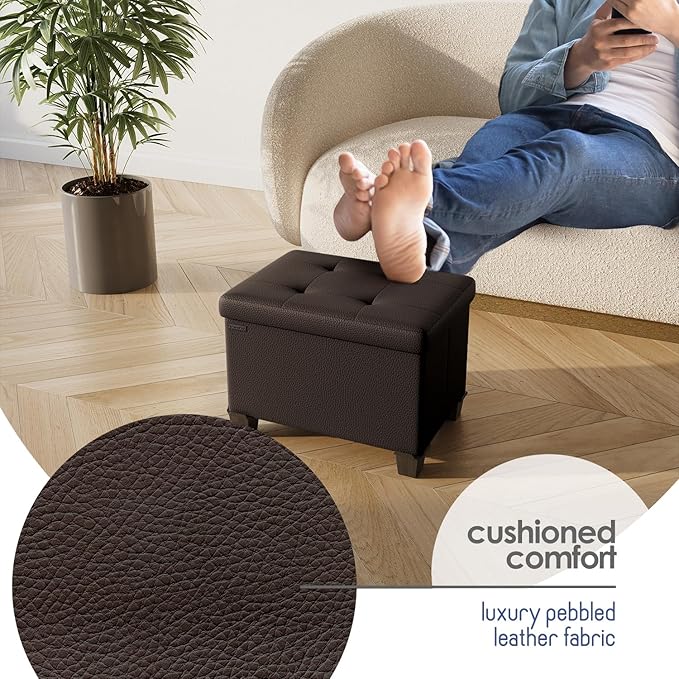 STORAGEBUD Storage Ottoman Cube with Small Bin, 16-in Square Ottoman with Storage for Living Room and Bedroom, Small Ottomans Foot Rest, Faux Leather Foot Stools Ottomans Max 330lbs, Brown