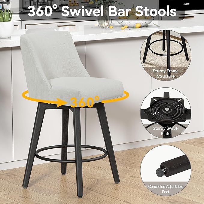 Counter Height Swivel Bar Stools Set of 2, 26 Inch Bar Stools with Footrest, Linen Fabric Upholstered Barstools with Back and Solid Wood Legs for Kitchen Island, Dining Room,Pub,White