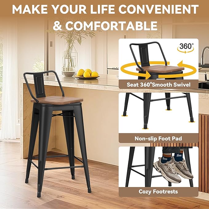 26 Inch Swivel Bar Stools Set of 4 with Backs Counter Height Industrial Metal Barstools Island Bar Chairs for Home Kitchen Dining Room (Swivel 26 inch,Matte Black Wooden)