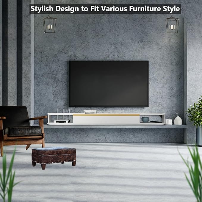 Floating TV Stand, 63'' Wall Mounted Entertainment Center TV Media Console, Floating Shelves with Door, Floating TV Cabinet Large Storage TV Bench for Living Room (White, 62.99IN)