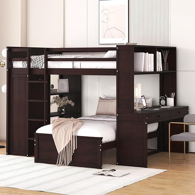 Full Size Loft Bed with Wardrobe Desk and Shelves,Solid Wood Bunk Stand-Alone Platform Bedframe,w/Safety Guardrail,for Kids Teens Adults Bedroom,Espresso
