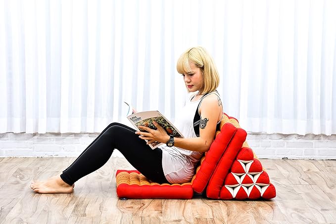 Leewadee 3-Fold Mat with Triangle Cushion – Comfortable TV Pillow, Foldable Mattress with Cushion Made of Eco-Friendly Kapok, 67 x 21 inches, Orange red