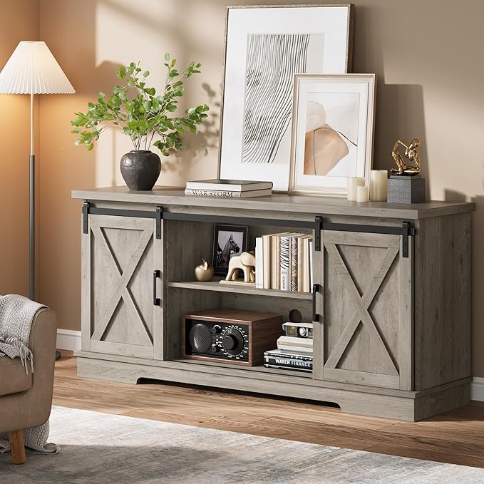 CABIHOME Farmhouse Tv Stand for 65 Inches TVs, Entertainment Center with Storage and Sliding Barn Doors, Adjustable Shelf Modern Media TV Console TV Stand Table for Living Room, Bedroom, Grey