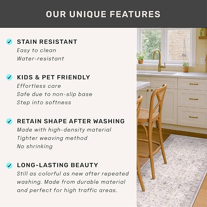 Boho Light Grey Living Room Rug 7x10 - Modern Vintage Eclectic Floral Pastel Neutral Taupe, Washable Low Pile Non-Slip Large Area Rugs for Dining Under Table Bedroom Lounge