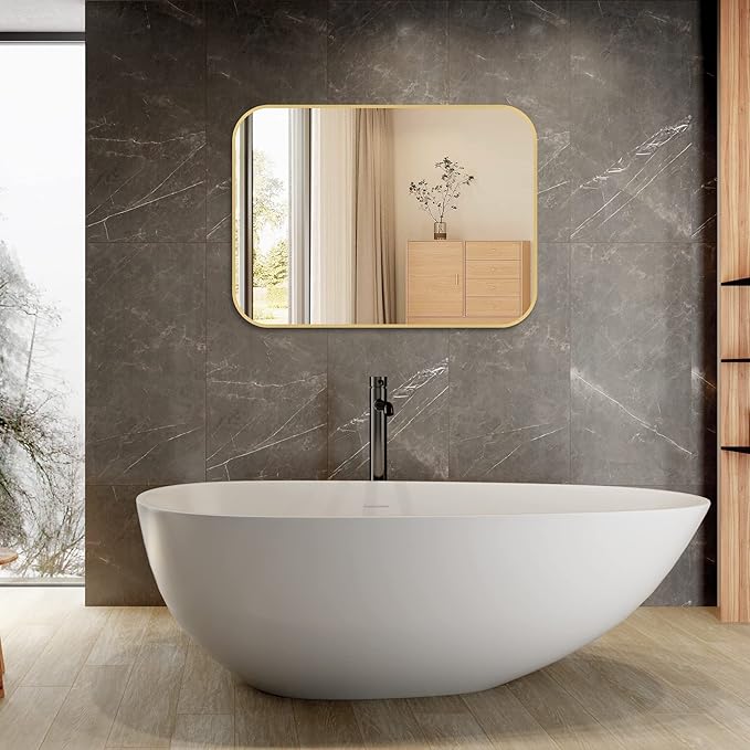 24x36 Inch Gold Bathroom Mirror, Brushed Gold Metal Framed Rectangular Mirror with Rounded Corner, Wall Mounted Vanity Mirror for Bedroom or Living Room, Horizontal/Vertical