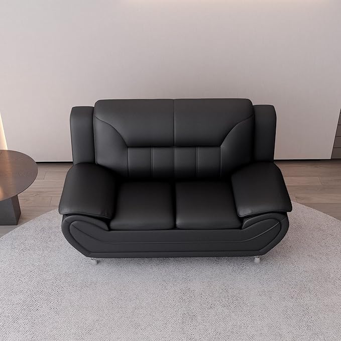 Container Furniture Direct Michael Modern Faux Leather Upholstered Stainless Steel Legs Living Room Sofa, Loveseat, Black