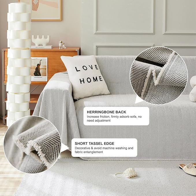 STACYPIK Silver Gray Chenille Sofa Covers, Herringbone Jacquard Sectional Couch Cover, Furniture Protector for 3 Cushion Couch, L-Shaped Sofa Covers for Loveseat, Washable Multi-use Blankets-91X134IN