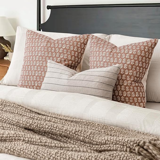 Foindtower Set of 2 Decorative Vintage Floral Print Throw Pillow Covers Neutral Farmhouse Cushion Covers Boho Home Decor for Sofa Couch Chair Bedroom Living Room Outdoor,24×24 Inch,Light Orange Brown