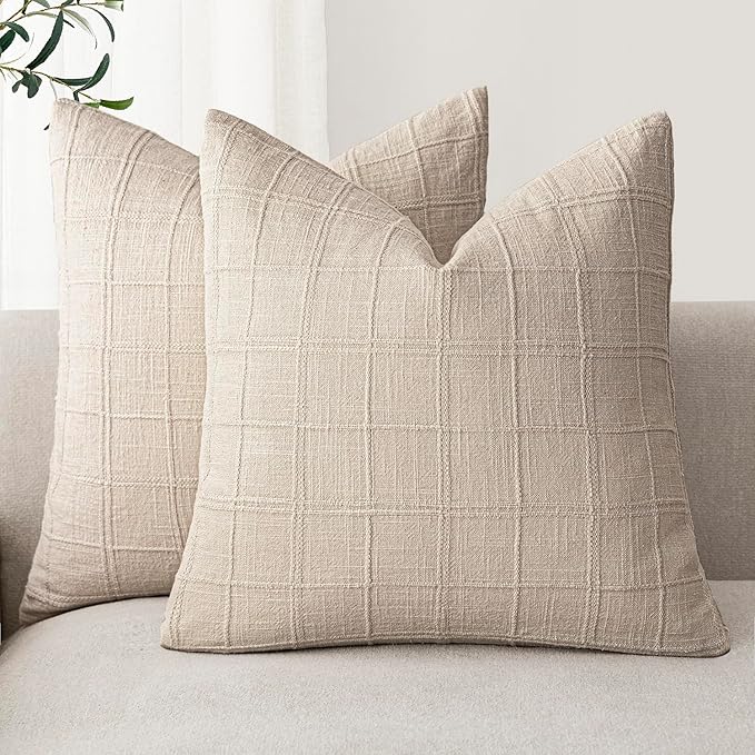 Foindtower Set of 2 Decorative Linen Check Throw Pillow Covers Neutral Farmhouse Vintage Cushion Covers Modern Boho Home Decor For Sofa Chair Couch Bedroom Living Room Outdoor,22×22 Inch,Natural Linen