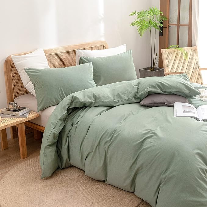 BESTOUCH Duvet Cover Set 100% Washed Cotton Linen Feel Super Soft Comfortable Chic Lightweight 3 PCs Home Bedding Set Solid Green Cal King