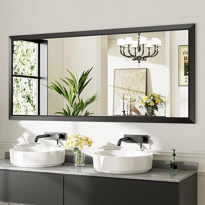 72x32 Inch Black Bathroom Mirror for Wall, Thick Metal Framed Rectangle Mirrors for Over Sink, Bedroom, Living Room, Entryway, Anti-Rust, HD Tempered Glass