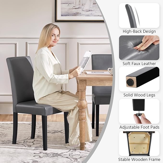 Yaheetech Dining Chairs Set of 6 Faux Leather Modern Dining Room Chairs with Rubberwood Legs and Padded Seat for Kitchen/Living Room/Restaurant, Dark Gray