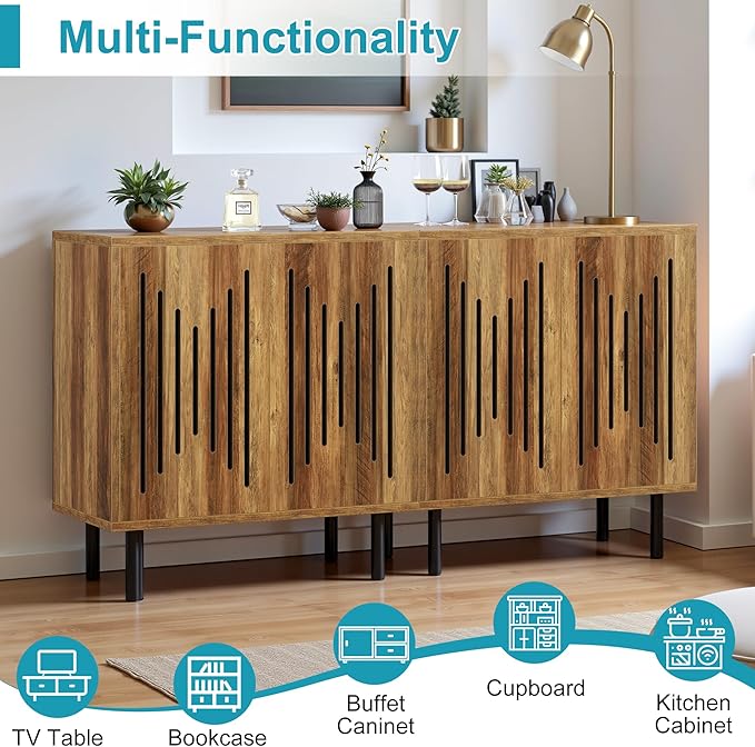 59" Sideboard Buffet Cabinet with Storage, Kitchen Buffet Storage Cabinet Set of 2, Modern Sideboard with Doors & Adjustable Shelves for Living Room, Kitchen, Hallway, Brown