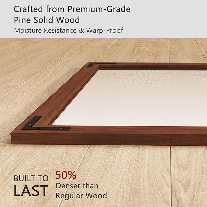 VocalStar Rustic Wood Framed Mirror 48 x 32 Inch, Natural Dark Brown Wooden Rectangle Bathroom Vanity Wall Mirror for Farmhouse Boho Decor, 1/4-inch Shatterproof Glass | Waterproof