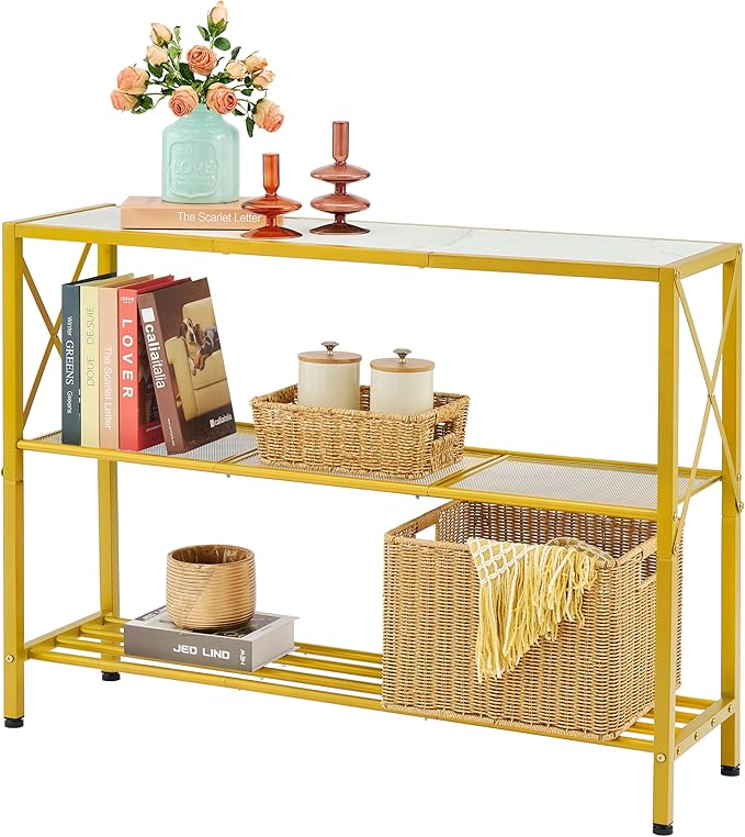 Hoctieon Gold Console Table, 3 Tier Entryway Table, Hallway Table, Narrow Sofa Table with Shelves, Entrance Table for Entryway, Gold and White