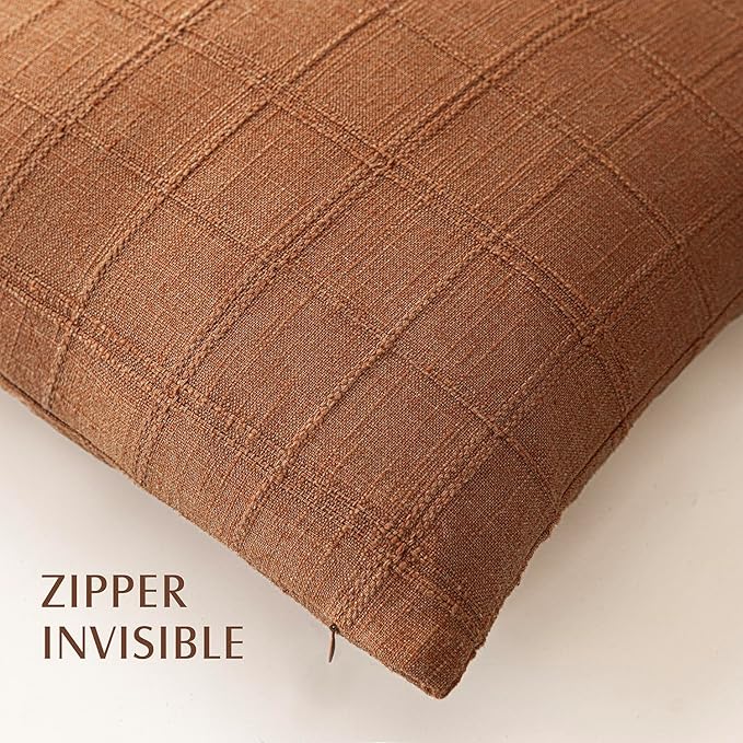 Foindtower Set of 2 Decorative Linen Check Throw Pillow Covers Neutral Farmhouse Vintage Cushion Covers Modern Boho Home Decor for Sofa Chair Couch Bedroom Living Room Outdoor,24×24 Inch,Orange