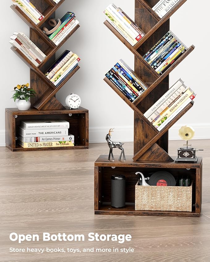 6 Tier Tree Bookshelf with Light, Narrow Bookcase Tower, Tall Floor Standing Book Organizer with Storage Cabinet for Living Room, Bedroom and Home Office, Rustic Brown
