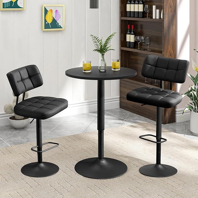 Furniliving Modern Bar Stools Set of 2 Faux Leather, Upholstered Swivel Barstools with Back, Adjustable Bar Chairs Counter Height for Kitchen Island, Dining Space, Black