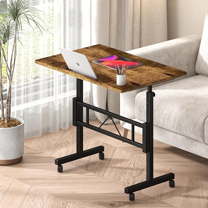 Klvied Small Standing Desk Adjustable Height, Mobile Table with Wheels, Portable Laptop Table, Standing Computer Desk for Walking Pad (Brown)