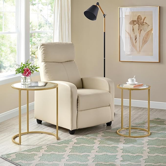 Yaheetech Round Nesting Side Table Stacking Coffee Table, Set of 2 Circular End Tables w/Metal Frame & Tempered Glass Top & Protective Foot Pads for Small Space Living Room Office, Mustard Gold