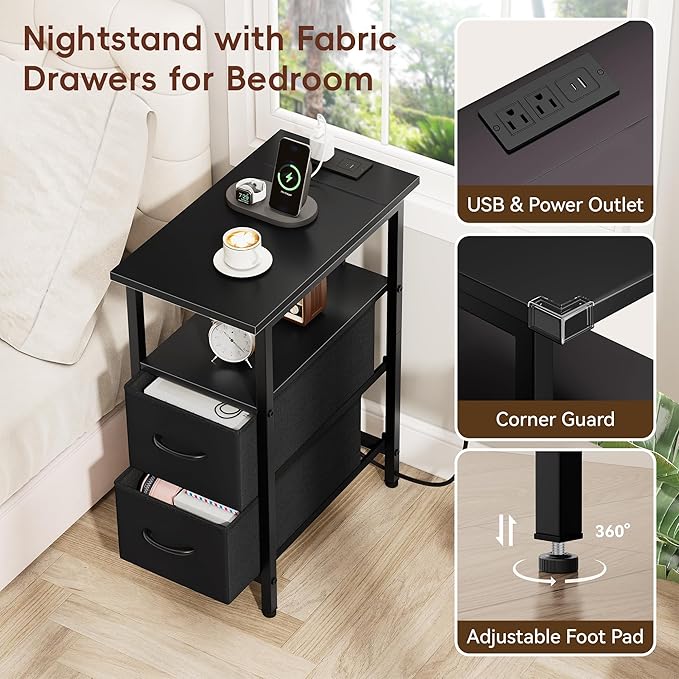 Vagusicc Black Nightstand with Charging Station and LED Lights, Narrow Side Table, LED Night Stand with 2 Fabric Drawers, Bedside Table with USB Ports and Outlets, Tall Nightstand for Bedroom, Black