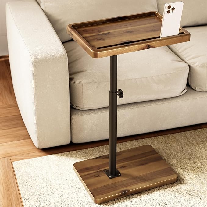 HOLANA Acacia Wood Adjustable C-Shaped Couch Table – 360° Swivel Side Table for Sofa - Small End Table for iPad, Laptop, or TV Tray – Eating Trays for Living Room or Bedside Use (Walnut)