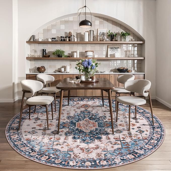 Tangsoo Vintage Round Rug 4ft, Washable Circle Rug, Non Slip Small Boho Round Rug, Low Pile Circular Rugs, Round Carpet for Bedroom,Entryway,Nursery,Dorm,Kitchen,Blue/Orange