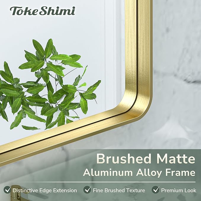 TokeShimi 32x36 Inch Gold Bathroom Mirror for Wall Metal Rounded Corner Rectangle Mirror Metal Frame Deep Set Design Hangs Horizontal Or Vertical