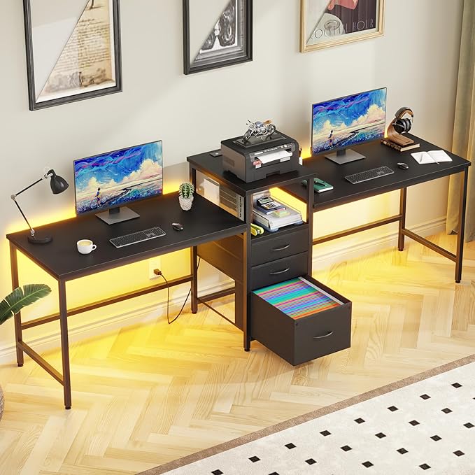93'' Two Person Desk with Charging Station, Long Desk with 3 Drawers and Printer Shelf, Double Computer Desk, Fabric Drawers, 2 Person Writing Study Table Workstation for Home Office, Black