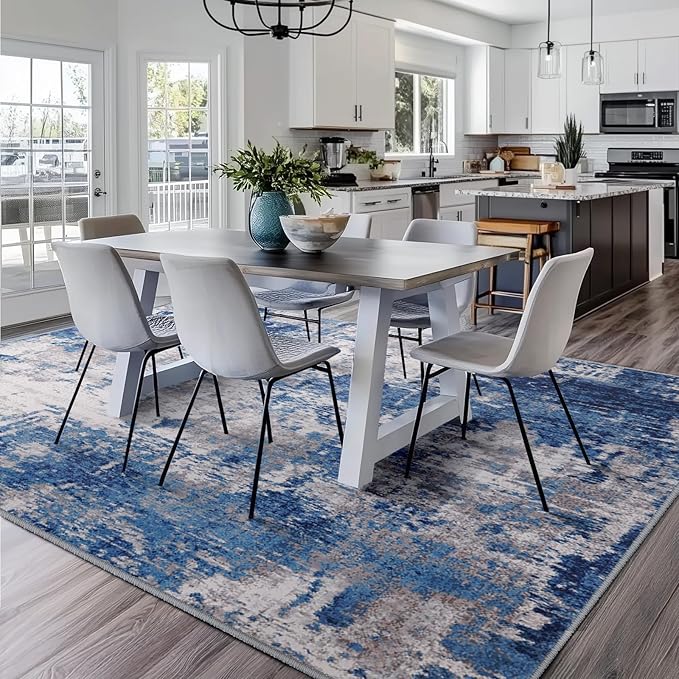 Washable Area Rugs 6'x9' Non-Slip Modern Abstract Soft for Living Room Entryway Bedroom Nursery, Print Pattern, Blue Grey Navy Gray