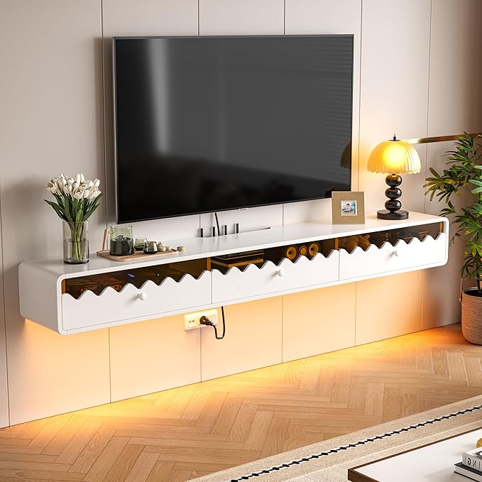Floating TV Stand, 55IN Fully-Assembled Wall Mounted Wave Glass with Flip-Down Door & Drawers, Modern Media Entertainment Console Under TV Shelf for Livingroom