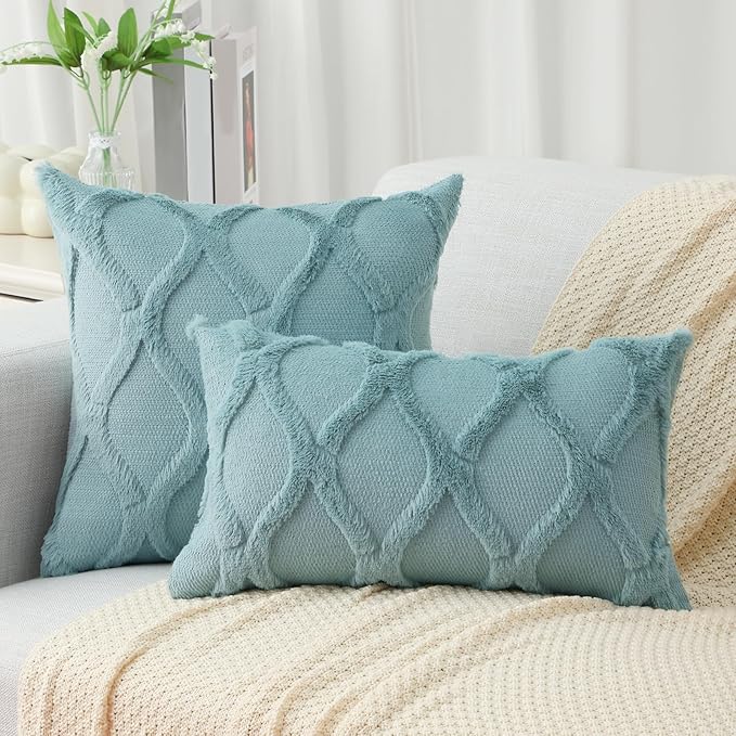 decorUhome Throw Pillow Covers 22x22 Inch Set of 2, Soft Plush Faux Fur Wool Aqua Couch Pillow Covers, Decorative Neutral Pillow Cases for Bed Sofa Living Room Home Decor