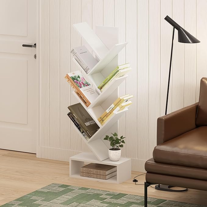 Furinno Tree Bookshelf 7-Tier Floor Standing Tree Bookcase with Bottom Shelf, White