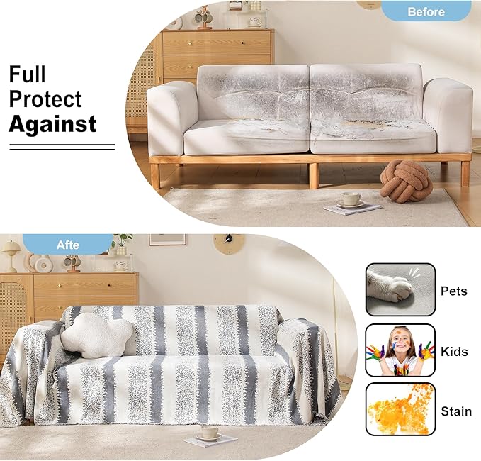 Boho Couch Cover, Sofa Covers for 3 Cushion Couch, Couch Cover for Dogs Washable Sectional Couch Covers L Shape Furniture Protecto (1# Grey, 71" x 134")