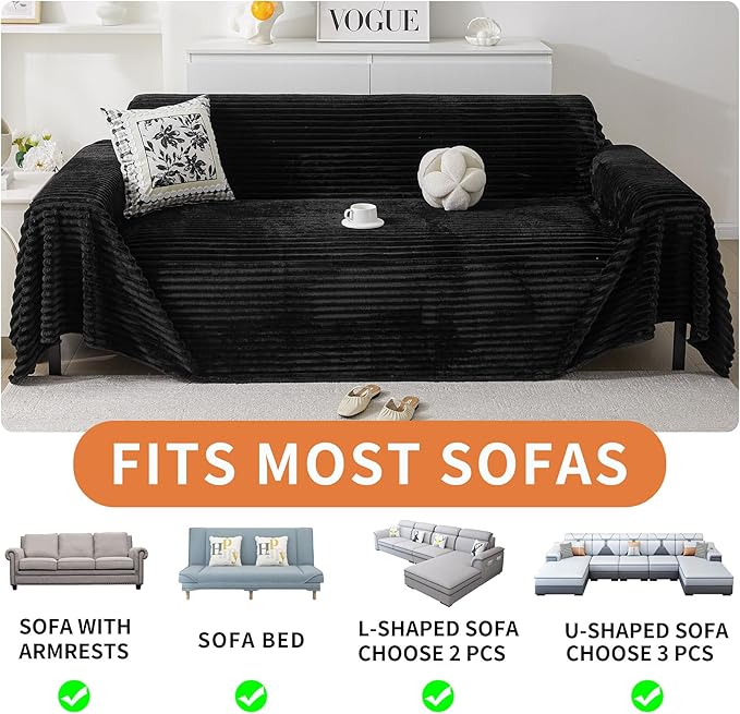 HAOMAIJIA Faux Fur Sofa Covers Couch Covers for 2 Cushion Couch Sofa Pet Friendly Soft Non Slip Couch Cover for Dogs Washable Sectional Couch Covers L Shape Furniture Protector (Black, 71"x102")