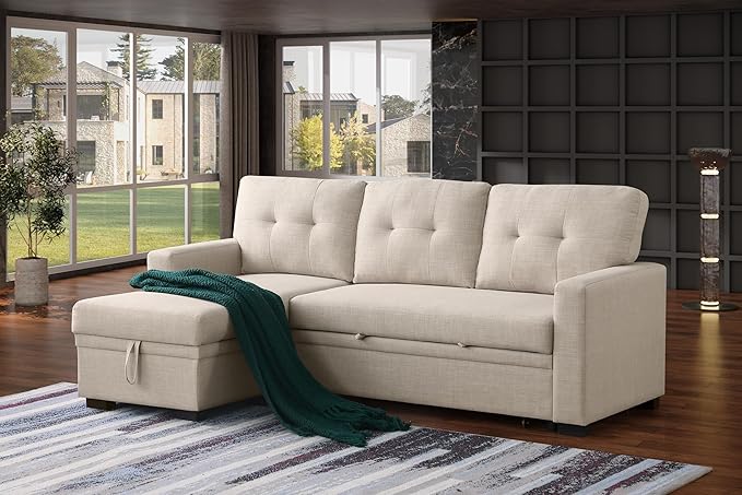 Devion Furniture Meridian 4-in-1 Convertible L Shaped Couch with Pull Out Bed and Storage, Sectional Sleeper Sofa with Reversible Chaise for Living Room, Apartment, Bedroom, Office