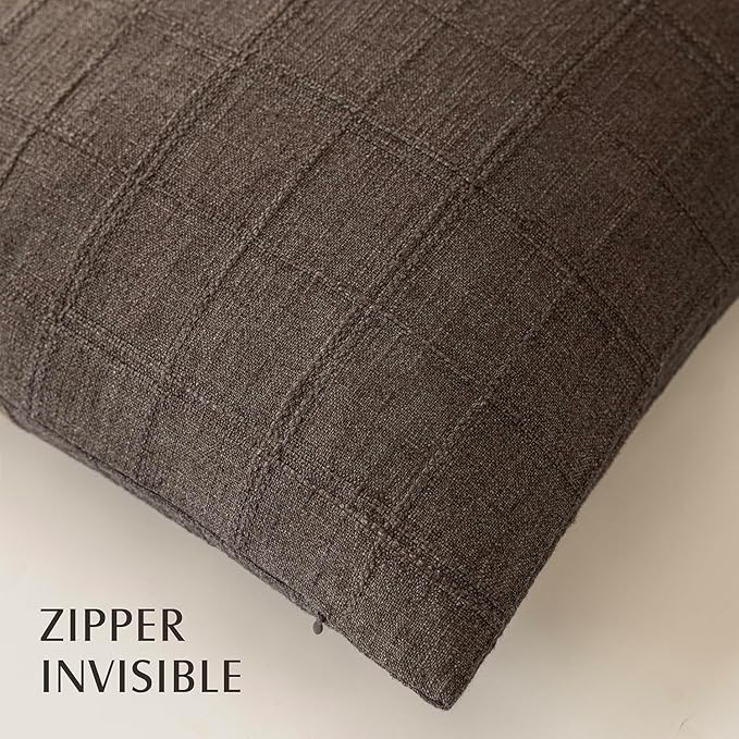 Foindtower Set of 2 Decorative Linen Check Throw Pillow Covers Neutral Farmhouse Vintage Cushion Covers Modern Boho Home Decor for Sofa Chair Couch Bedroom Living Room Outdoor,20×20 Inch,Dark Brown