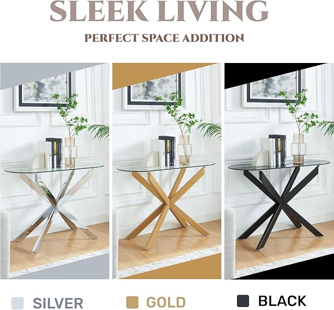 Modern Glass Oval Console Table, Entryway Hallway Narrow Sofa Table, Entrance for Entryway, Living Room, Foyer, Hallway, Office, 45" Lx18 Wx30 H Silver