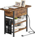 End Table with Charging Station, Flip Top Nightstand with USB Ports and Outlets, Couch Side Table with Fabric Bag and Hooks, Bedside Table for Space Saving, Living Room, Bedroom (Rustic Brown)