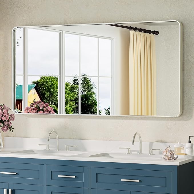 TETOTE Brushed Nickel Bathroom Mirror 48 x 24 Inch Brushed Nickel Metal Framed Bathroom Mirror, Tempered Glass, Modern Farmhouse Wall Mounted Mirror for Decorative(Horizontal/Vertical)