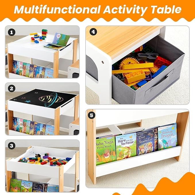 Asweets Kids Table and Chair Set,4 in 1 Toddler Desk with Storage Drawer,Wooden Activity Table for 2 in 1 Detachable Tabletop,Bookshelf,Suitable for Classroom,Home,Nursery,Playroom (Ivory White)