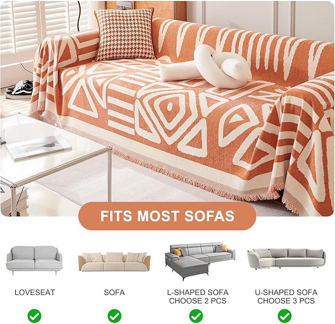 STACYPIK Reversible Caramel Sofa Cover Boho Triangle Couch Covers Non Slip Multi-use Furniture Protector for 2 Cushion Couch Jacquard Sofa Slipcovers Loveseat Couch Cover for Dog Pet-Friendly-71X118IN