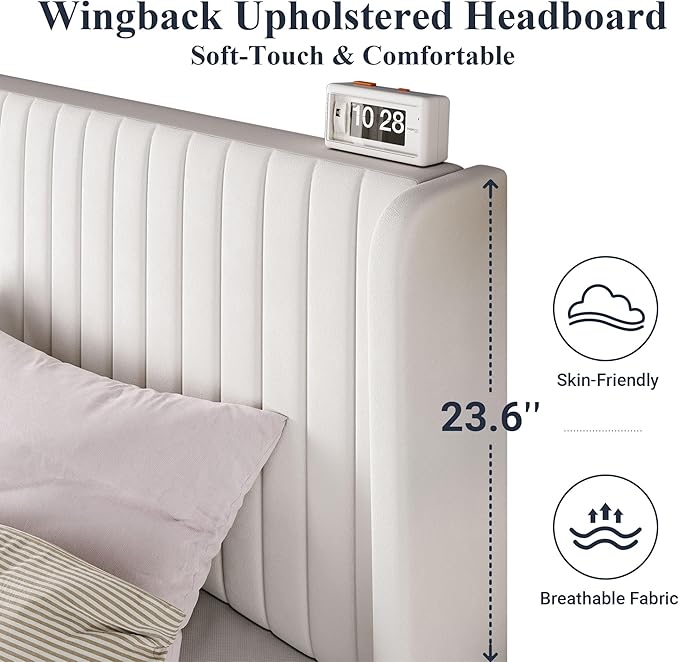 Allewie Full Size Velvet Bed Frame/Vertical Channel Tufted Wingback Headboard/Upholstered Platform Bed/Strong Wooden Slats/No Box Spring Needed/Easy Assembly/White