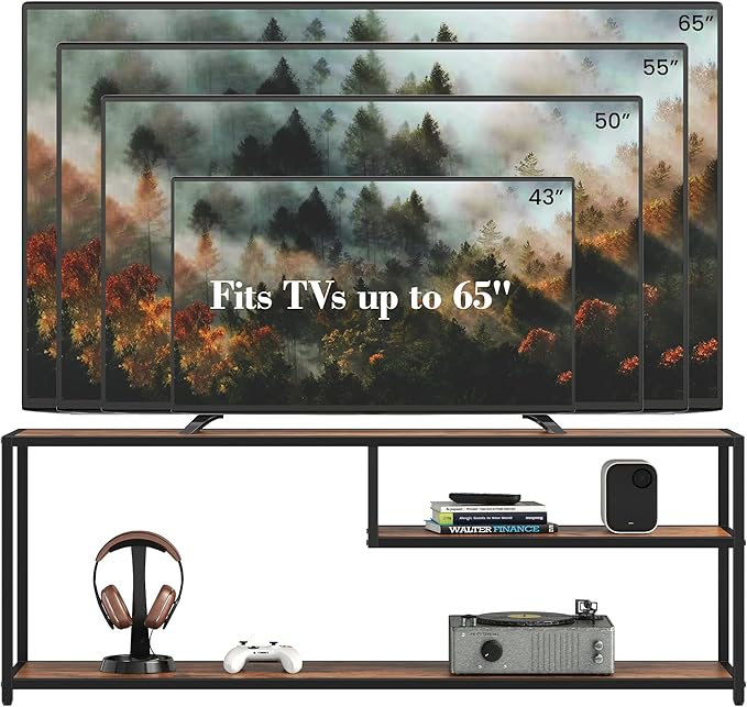TECHMILLY Modern TV Stand for 65" TV, TV Table with Storage Shelves, Entertainment Center with Metal Frame, TV Console Table for Living Room, Bedroom, Rustic Brown