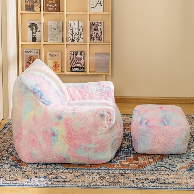 Bean Bag Chair, Sherpa Accent Beanbag Chair and Ottoman Set, Fur Faux BeanBag Chair with Memory Foam Filled, Lazy Sofa Comfy Cozy BeanBag Chair for Dorm, Apartment, Living Room (Colorful)