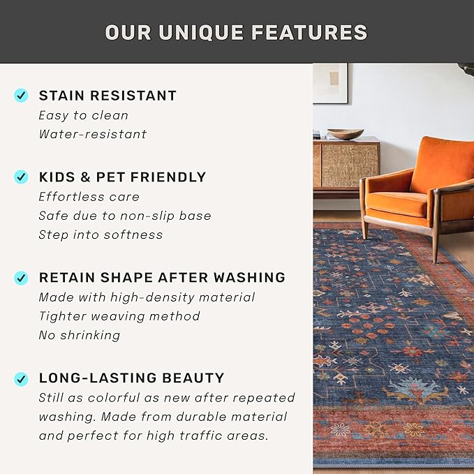 Navy Blue Washable Hallway Runner Rug 2x10 Non Slip Rugs for Kitchen, Mudroom, Bathroom, Hall Way - 10 ft Long Dark Boho Geometric Decor, Fade & Stain Resistance