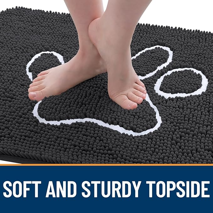 OLANLY Door Mat for Muddy Dog Paws 30x20, Ultra Absorbent Chenille Mud Doormat with Paw Print Design, Non-Slip Washable Doormat for Indoor Entryway, Quick-Dry Pet Bed Mats for Dirty Dogs, Dark Grey