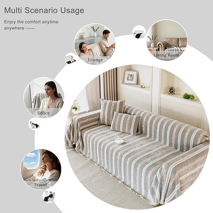 Couch Cover for Dogs Washable Sofa Cover, Sectional Couch Covers, Sofa Covers for 2 Cushion Couch, Non Slip Stripe Sofa Slipcovers Furniture Protector, Couch Protector from Cat Claws, Light,75''x134''