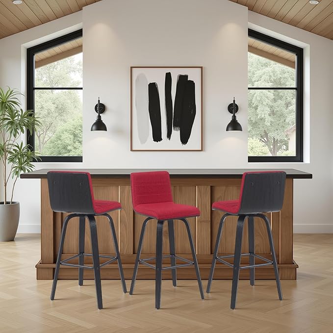 Vienna Modern Swivel Bar Height Stool with Red Upholstered Seat and Brushed Wood Frame Set of 3