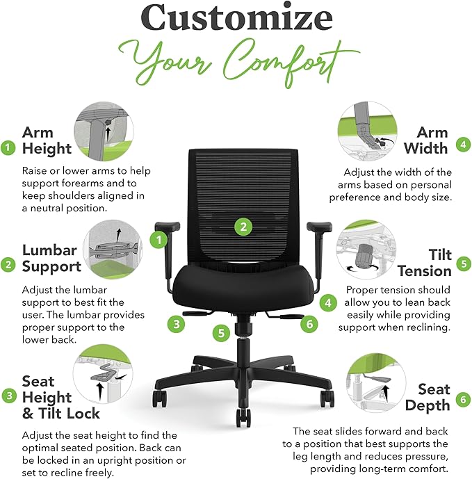 HON Convergence Ergonomic Office Chair, Breathable Back Support Mesh, Adjustable Arms, Computer Chair with Lumbar Support, Rolling Swivel Wheels, Comfortable Synchro-Tilt Recline, Fabric, Ruby